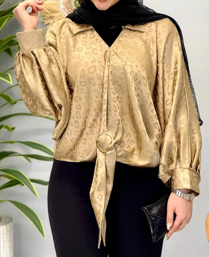 شومیز ساتن طرح پلنگی ژاکارد اعلا وارداتی سایز ۴۰ تا ۵۲