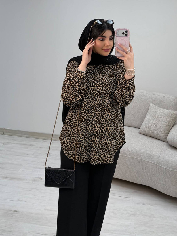 شومیز پلنگی کرپ کش گرم بالا سایز ۳۸ تا۴۶