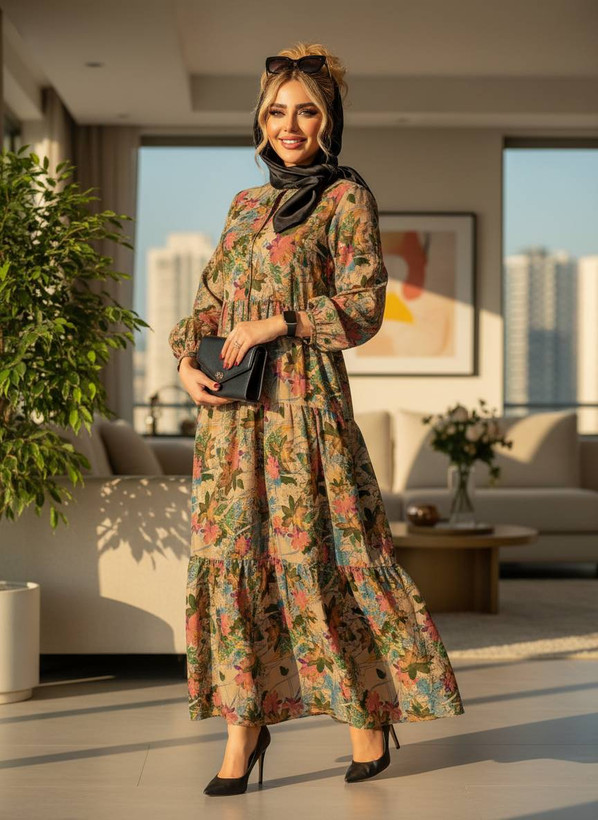 پیراهن نخی یقه چین شمیم سایز ۴۰ تا ۵۰