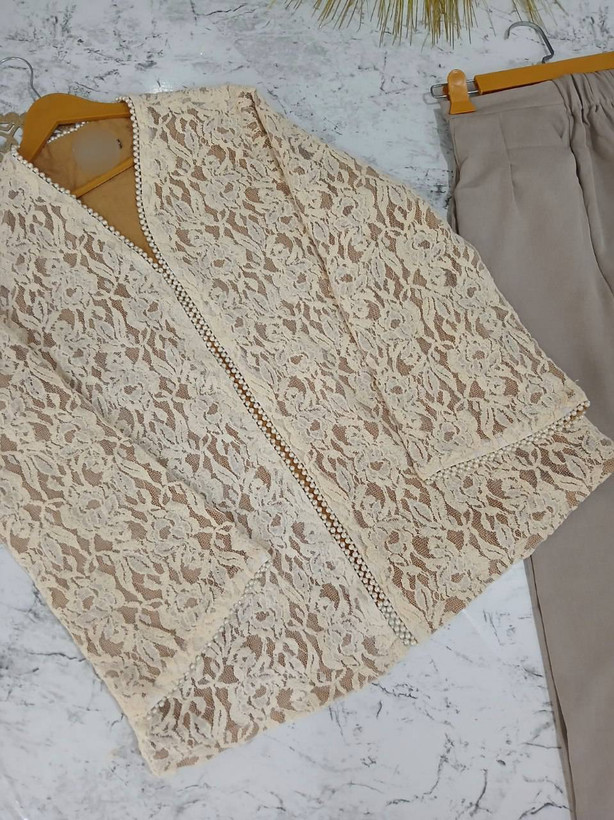 ست مانتو و شلوار گندم سایز 38تا48 طرح دانتل کت رندوم ارساله